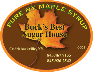 Buck's Best Sugar House: Pure NY Maple Syrup label from Cuddeback, New York. Consecutively numbered.