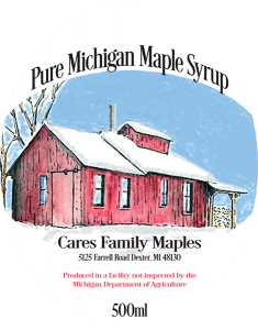 Cares Family Maples: Pure Michigan Maple Syrup label from Dexter, Michigan.