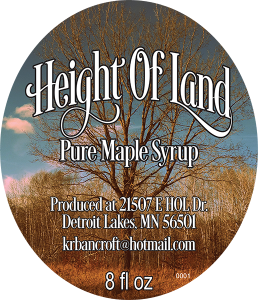 Height of Land Pure Maple Syrup label from Detroit Lakes, Minnesota.