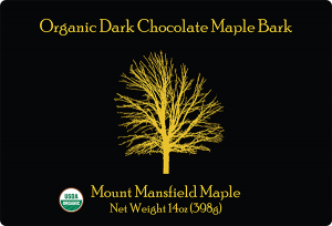 Mount Mansfield Maple Organic Dark Chocolate Maple Bark label.