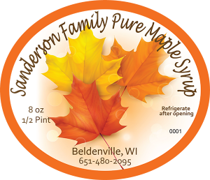 Sanderson Family Pure Maple Syrup from Beldenville, Wisconsin. Consecutively numbered label.