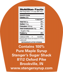 Stenger's Sugar Shack Pure Maple Syrup back nutrition label from Brookvile, Indiana.