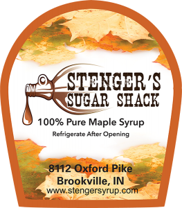 Stenger's Sugar Shack Pure Maple Syrup label from Brookvile, Indiana.