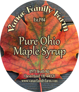Vanac Family Farm Pure Ohio Maple Syrup label from Chesterland, Ohio.