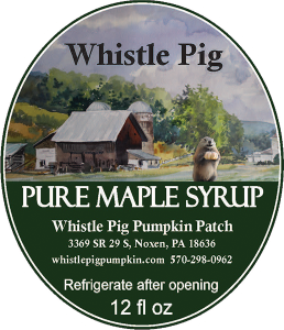 Whistle Pig Pure Maple Syrup label from Noxen, Pennsylvania.
