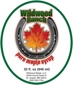 Wildwood Ranch Pure Maple Syrup label from St. Joseph, Minnesota.