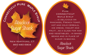 Absoloot Sugar Shack New Hartford, Connecticut Pure Maple Syrup labels.