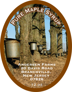 Anderson Farms: Pure Maple Syrup label from Branchville, New Jersey 07826.
