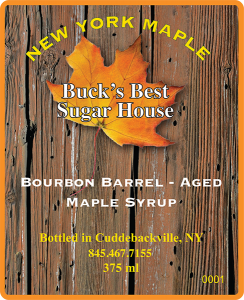 Buck's Best Sugar House: New York Maple Bourbon Barrel Aged Maple Syrup label from Cuddebackville, NY.