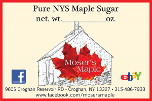 Moser's Maple: Pure NYS Maple Sugar label from Croghan, NY.