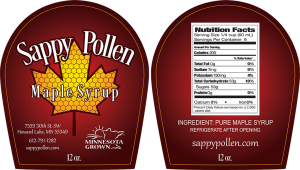 Sappy Pollen Maple Syrup label front and back from Howard Lake, MN.