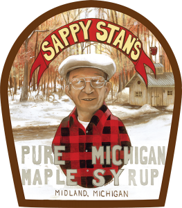 Sappy Stan's Pure Michigan Maple Syrup label from Midland, Michigan.