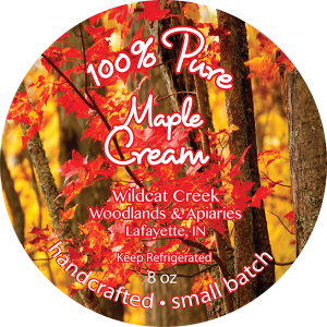 Wildcat Creek Woodlands & Apiaries: Maple Cream label from Lafayette, IN.
