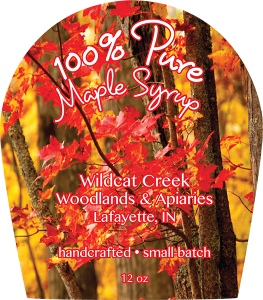 Wildcat Creek Woodlands & Apiaries: Maple Syrup label from Lafayette, IN.