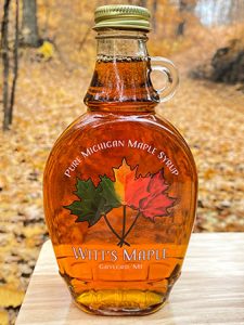 Clear labels for pure Michigan maple syrup glassware (Witt's Maple, Gaylord, MI).