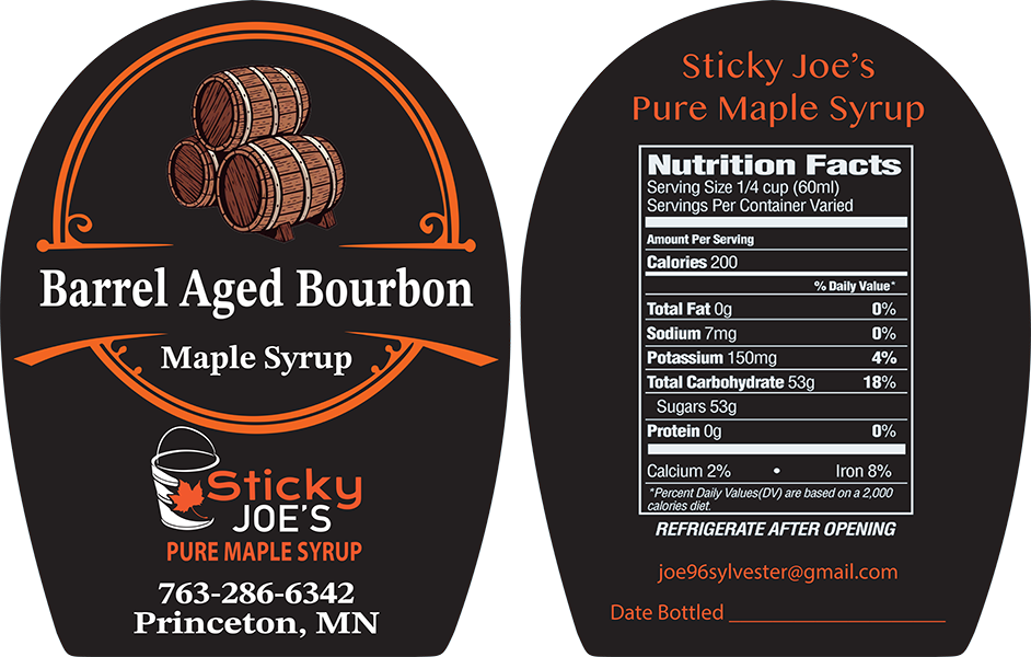 Barrel Aged Bourbon Alternating Labels Sticky Joes' Pure Maple Syrup labels alternating on the same roll.