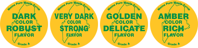 Maple syrup grade labels for maine. Yellow with green print label.